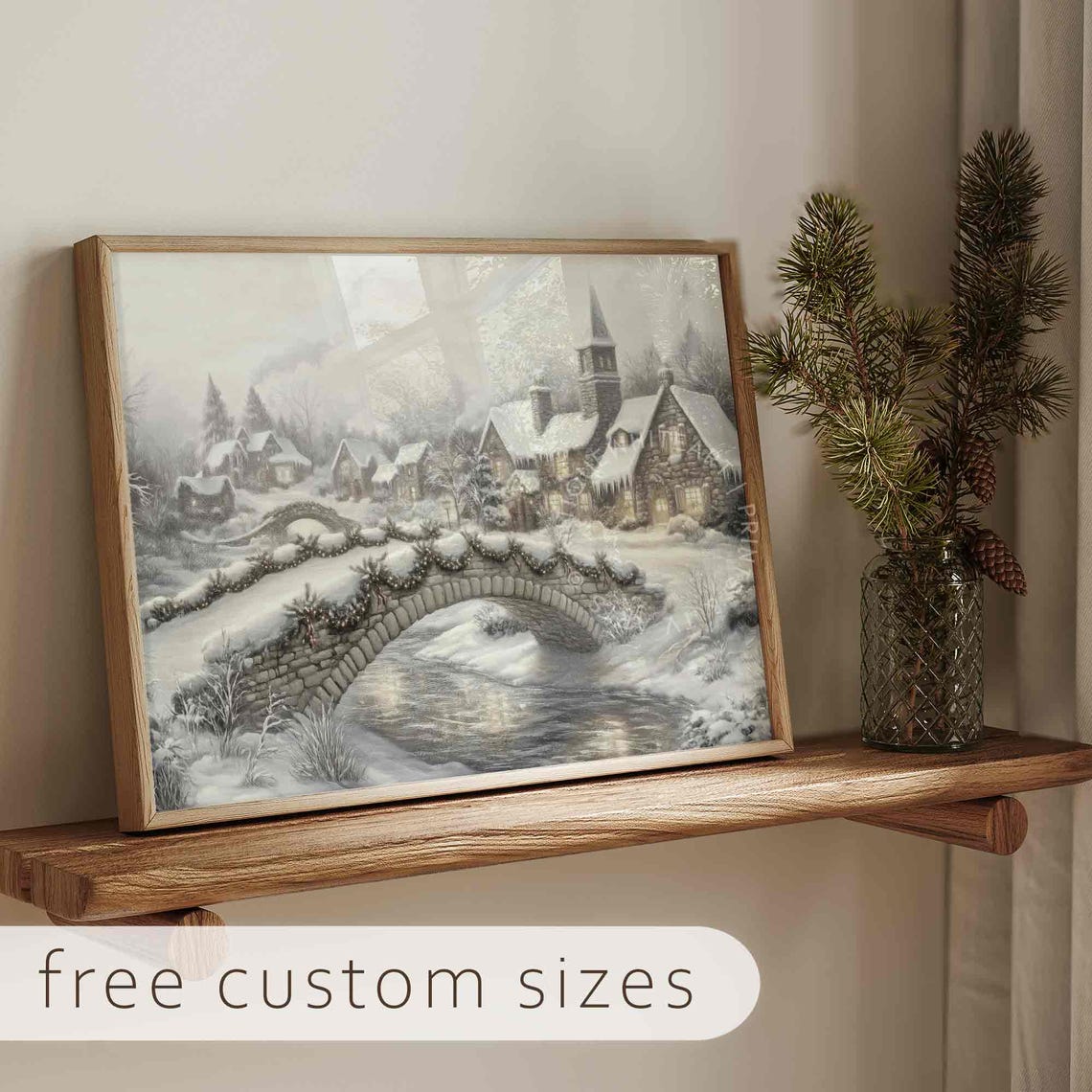 Vintage Village Landscape Print Farmhouse Christmas Art Snowy Winter Oil Painting Holiday Decor Farmhouse Decor W1 - Image 3