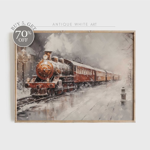 Christmas Express Train Moody Winter Landscape Snowy Railroad Wall Art Christmas Home Decor Print W38