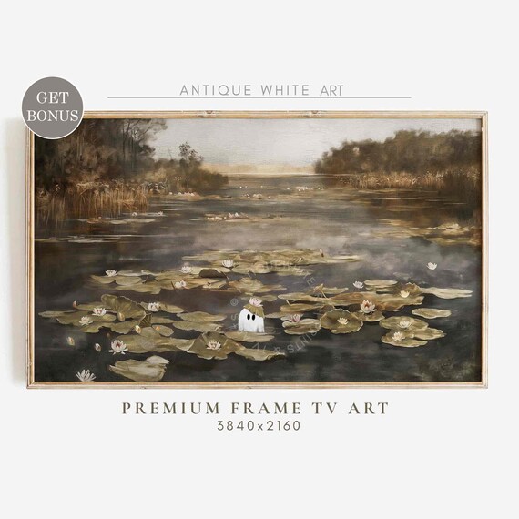 Cute Ghost Hiding Water Lily Pond Vintage Painting Halloween Frame Tv Poster