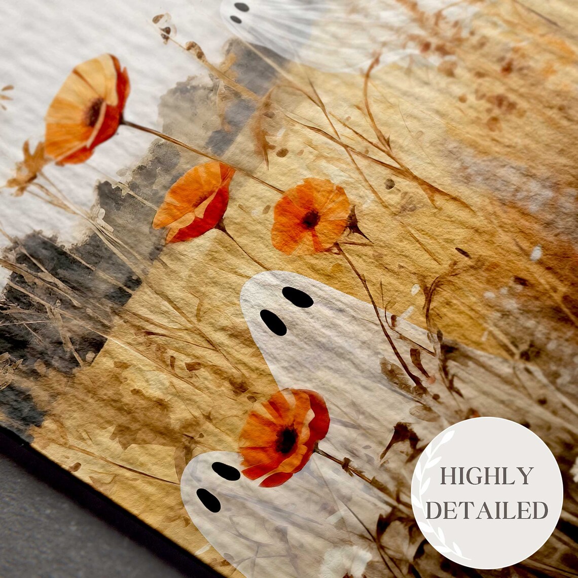 Cute Ghosts Orange Poppies Wildflower Field Vintage Halloween Art Poster - Image 3
