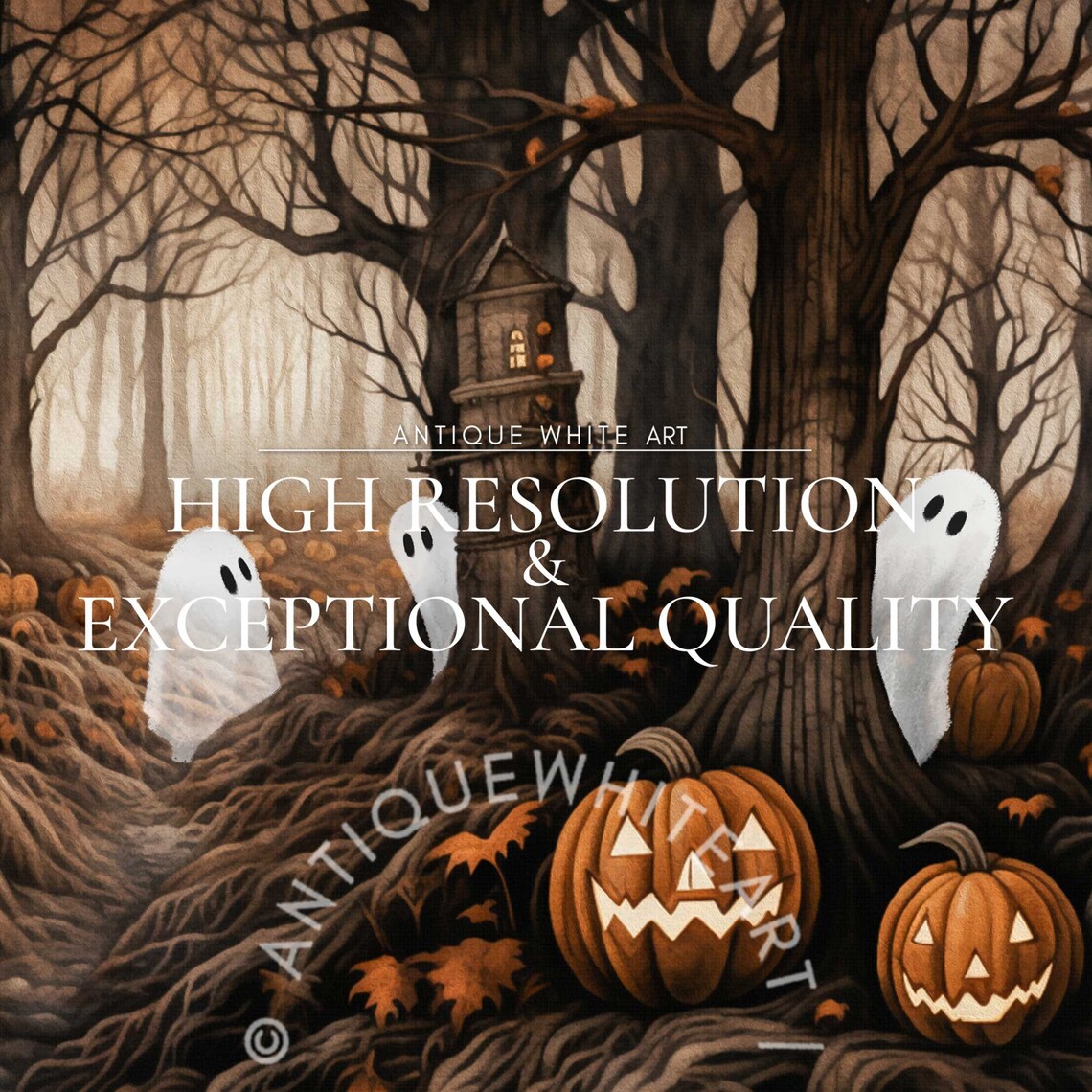 Halloween Cute Ghosts and Pumpkins, Vintage Forest - Image 5