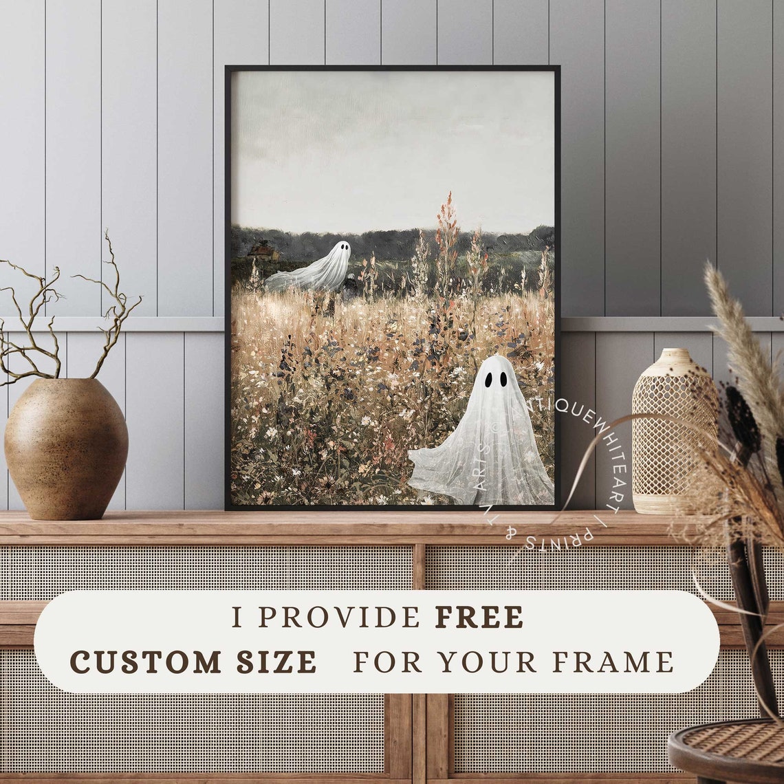 Two Cute Ghosts Golden Wildflower Meadow Vintage Halloween Art Print - Image 2