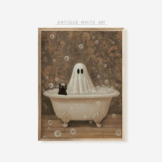 Ghost With A Black Cat in Bathtub Halloween Poster