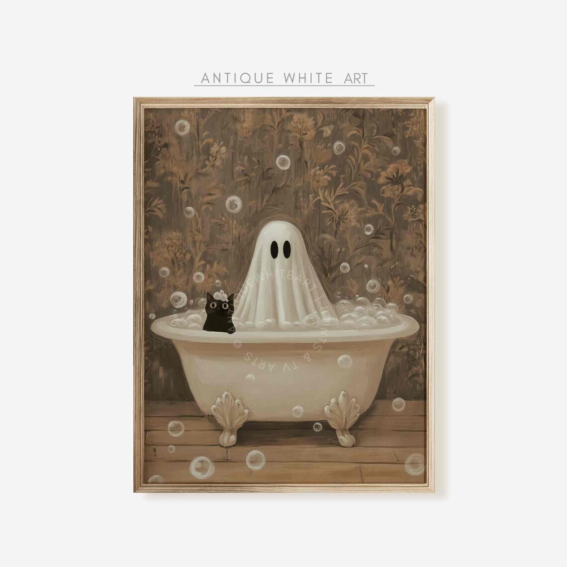 Ghost With A Black Cat in Bathtub Halloween Poster