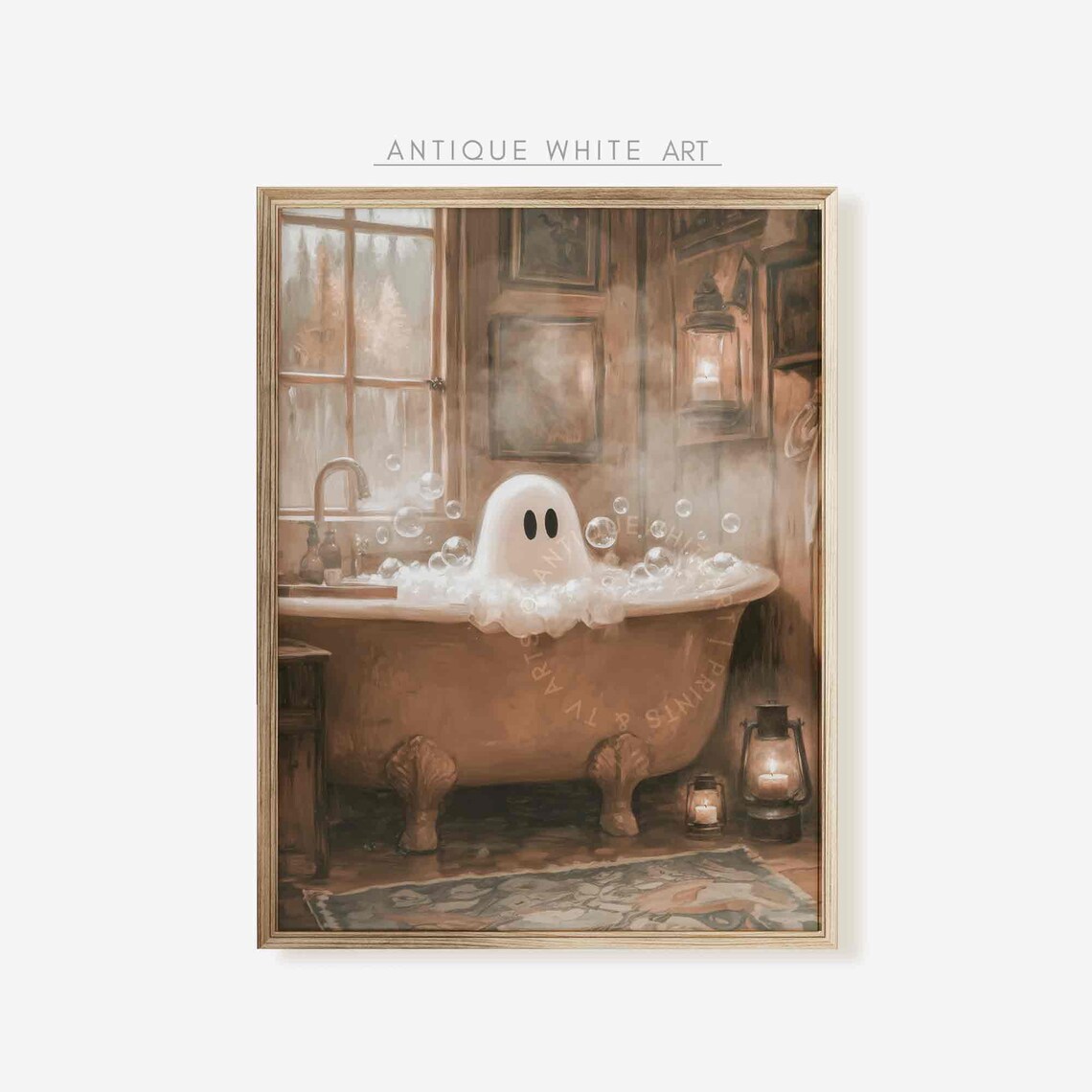 Funny Ghost Halloween Bathroom Art Print, Rustic
