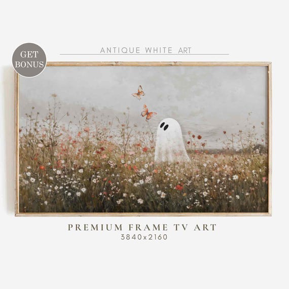 Halloween Frame Tv Art Tv Cute Ghost Wildflower Field Fall Landscape Painting Halloween Frame Tv Art Antiquewhiteart Tv448