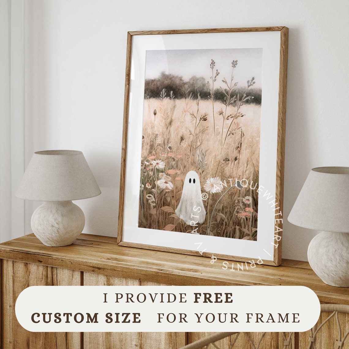 Cute Ghost Daisy Wildflower Meadow Blush Neutral Halloween Art Print - Image 3