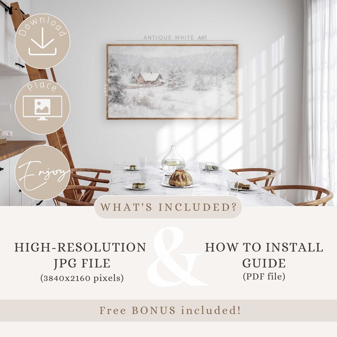 Snowy Winter Landscape, Vintage Farmhouse Christmas Art - Image 4