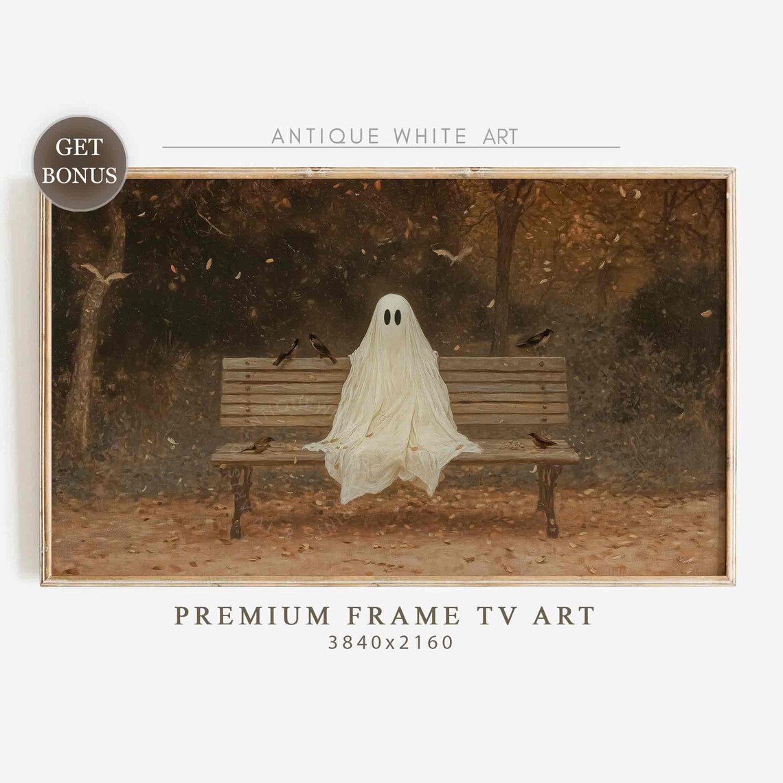 Ghost Sitting On Park Bench Among Falling Leaves Vintage Autumn Halloween Poster
