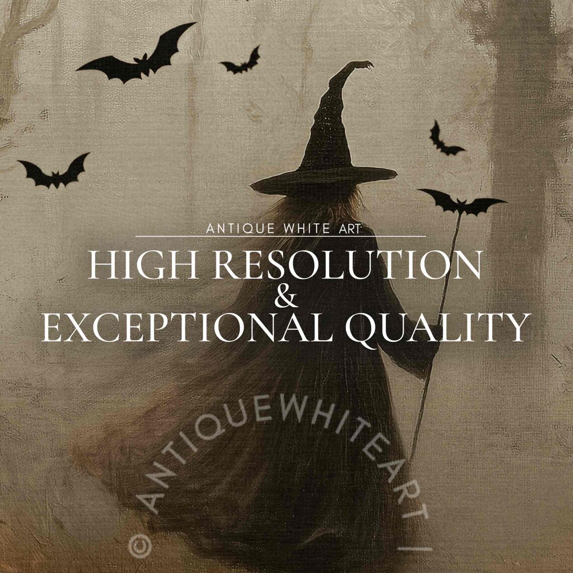 Witch Walking Through Misty Forest With Bats Moody Vintage Halloween Art Poster - Image 3