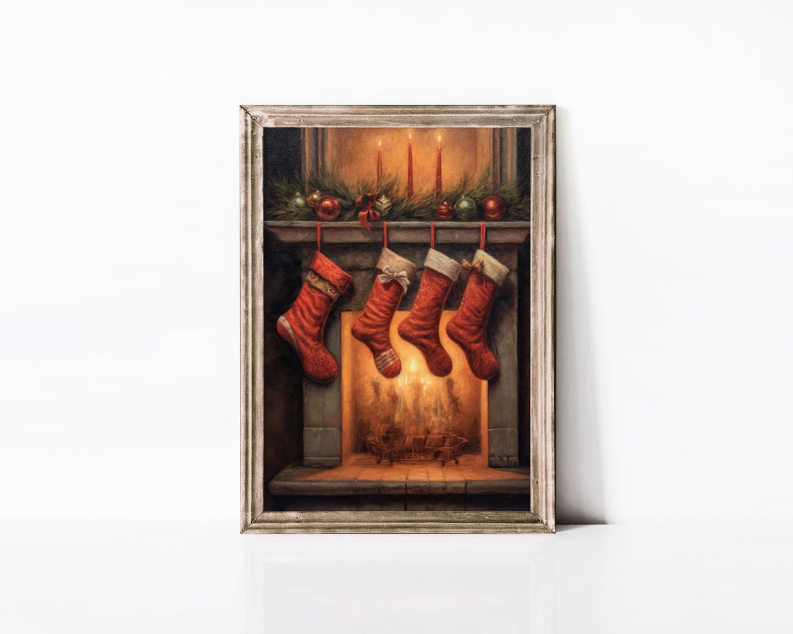 Red Christmas Stockings Hanging On A Glowing Fireplace Mantel Poster - Image 3