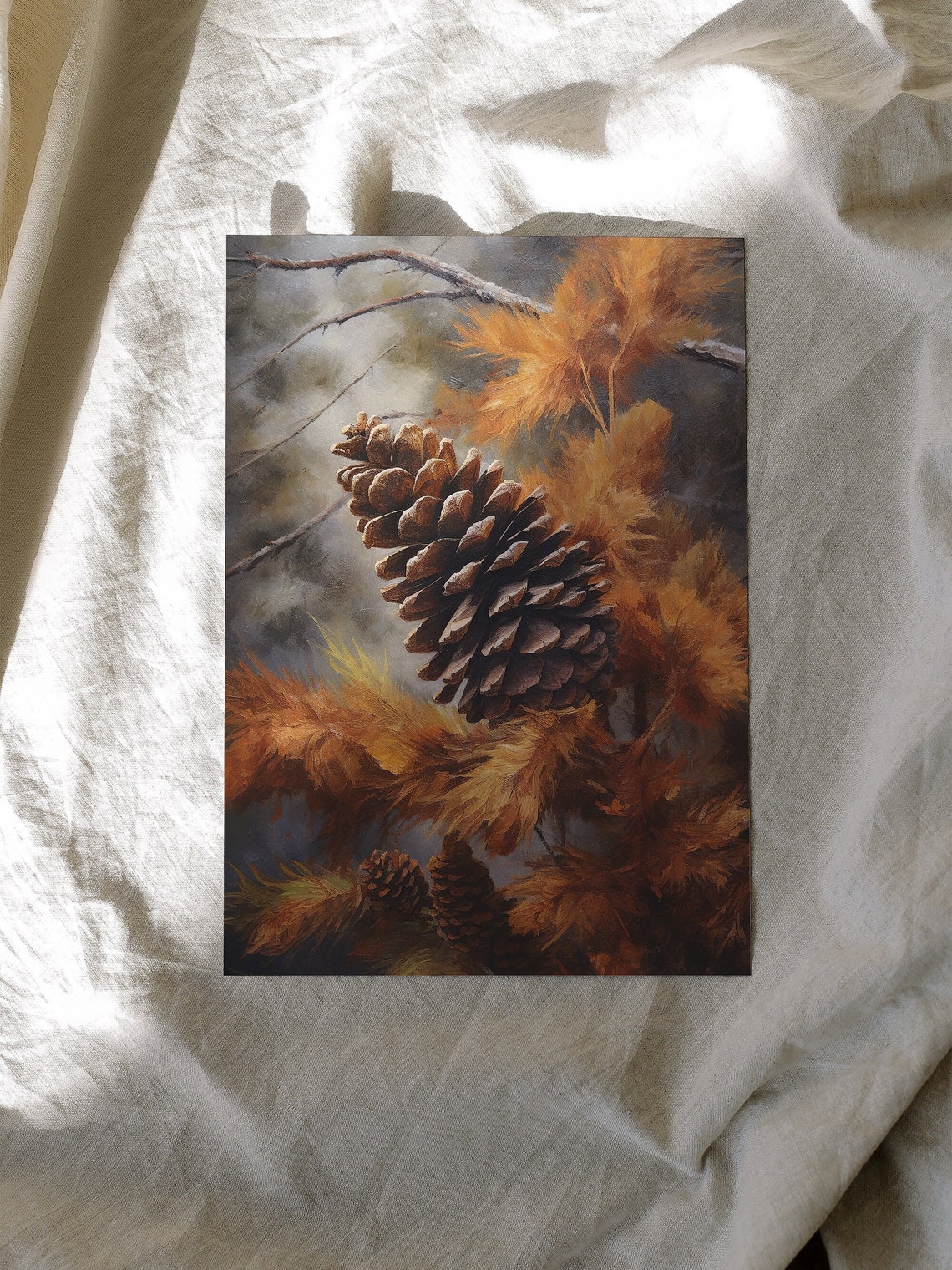 Pine Cones Golden Autumn Foliage Vintage Nature Still Life Poster - Image 2