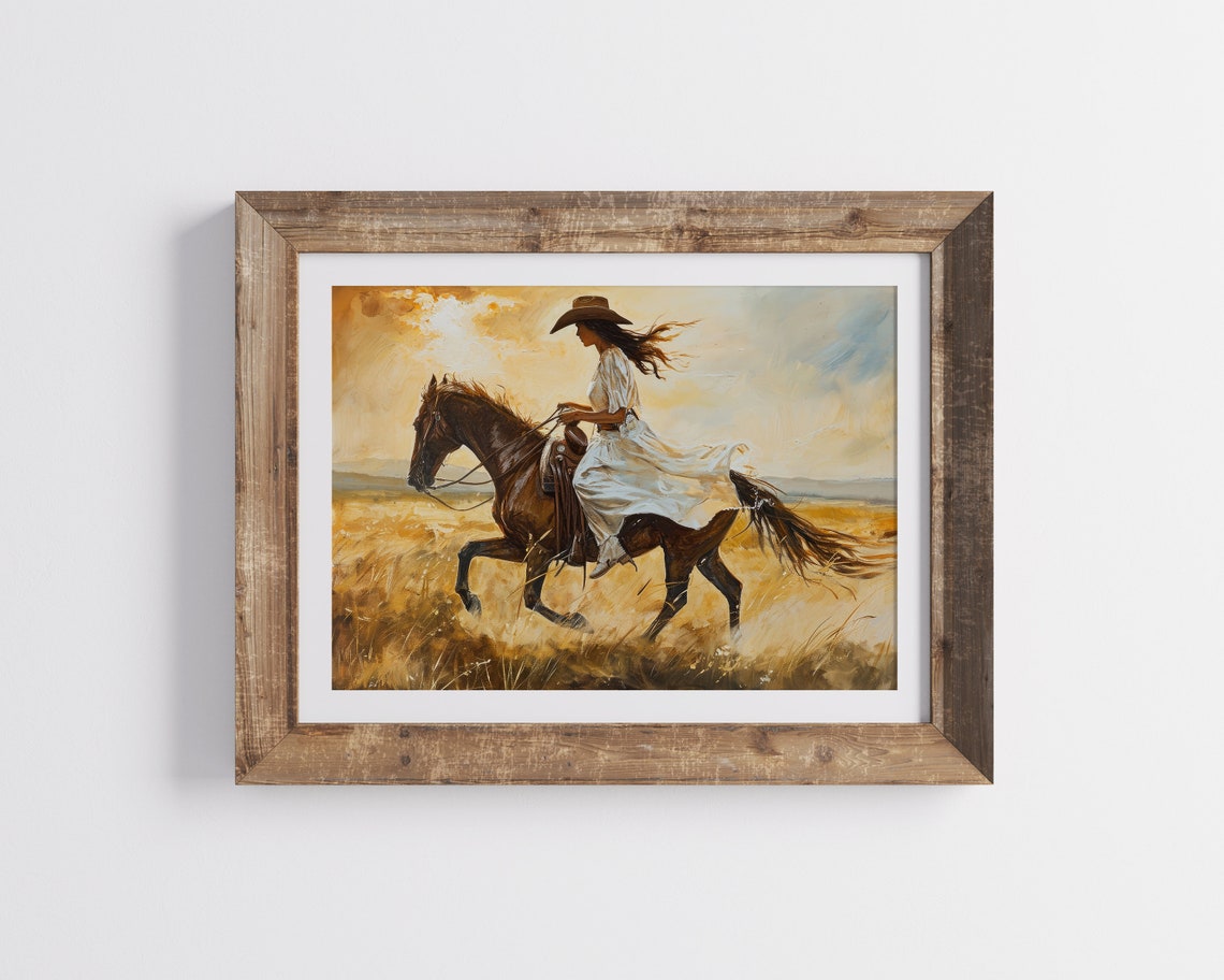 Cowgirl Riding Her Horse Painting Rustic Southwestern Art Woman Feminine Wall Decor Western Animal Landscape America - Image 3