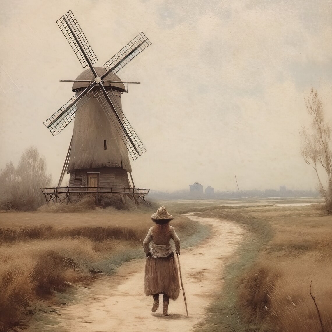 Dutch Windmill Country Path Figure Walking Moody Vintage Poster - Image 2