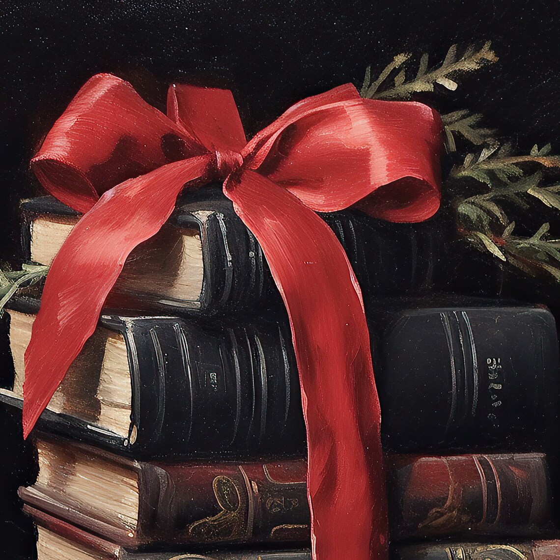 Christmas Books Stack Red Ribbon Dark Academia Holiday Poster - Image 3