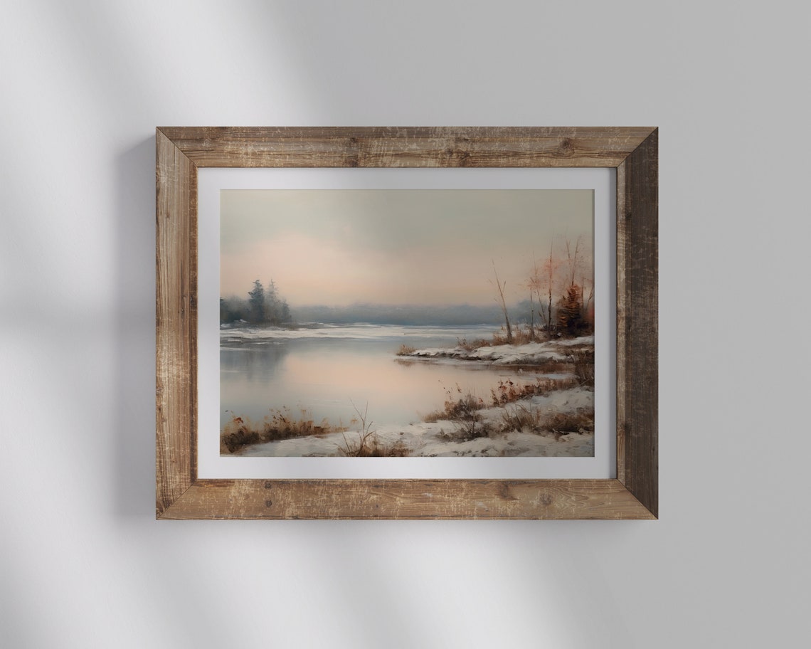 Vintage Frozen Lake Painting Lake House Landscape Painting Winter Landscape Painting Farmhouse Wall Winter Landscape Painting - Image 2