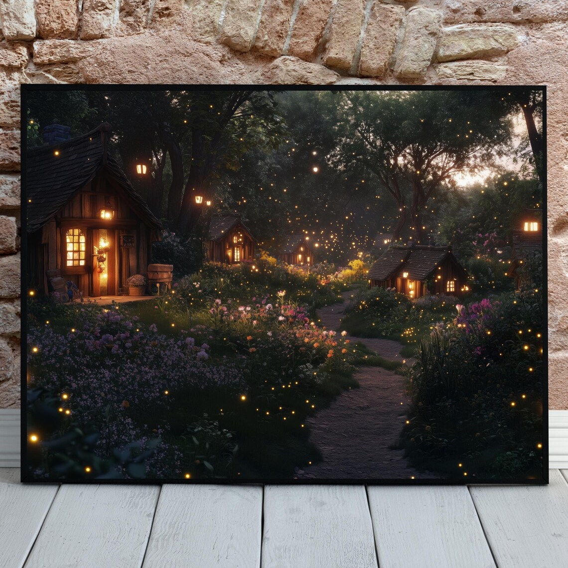 Woodland Cabin Fireflies Night Forest Garden Fantasy Art Poster