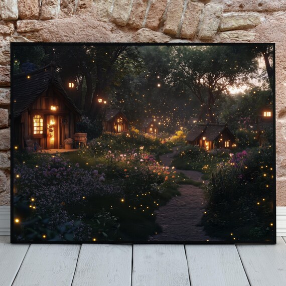 Woodland Cabin Fireflies Night Forest Garden Fantasy Art Poster