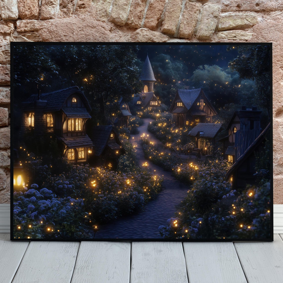 Enchanted Forest Village Night Lantern Path Fairy Tale Cottages Poster