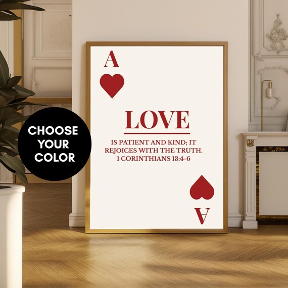 Ace Of Hearts Christian Wall Art 1 Corinthians 1346 Bible Verse Print Love Is Patient And Kind Scripture Poster Playing Card Decor