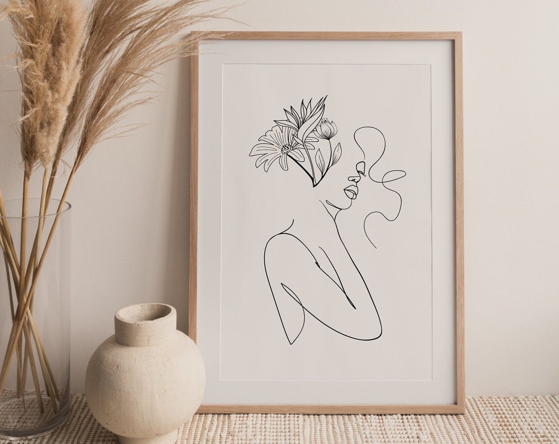 Woman Flower Line Art Woman Silhouette Print Female Line Drawing Woman Line Drawing Minimal Woman One Line Art Modern Wall Art