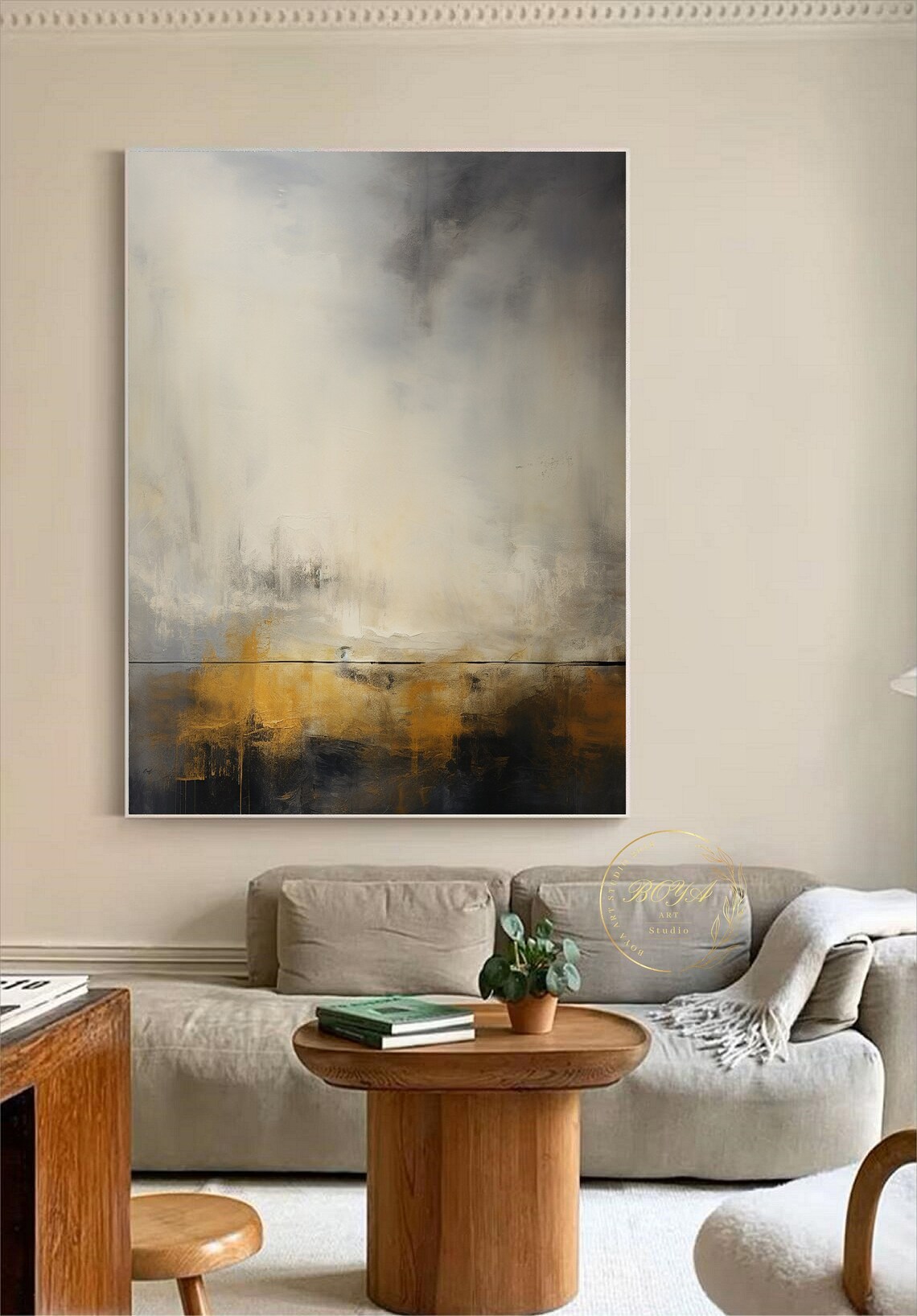 Serene Misty Beige Horizon with Golden Glow Abstract Art Poster - Image 2