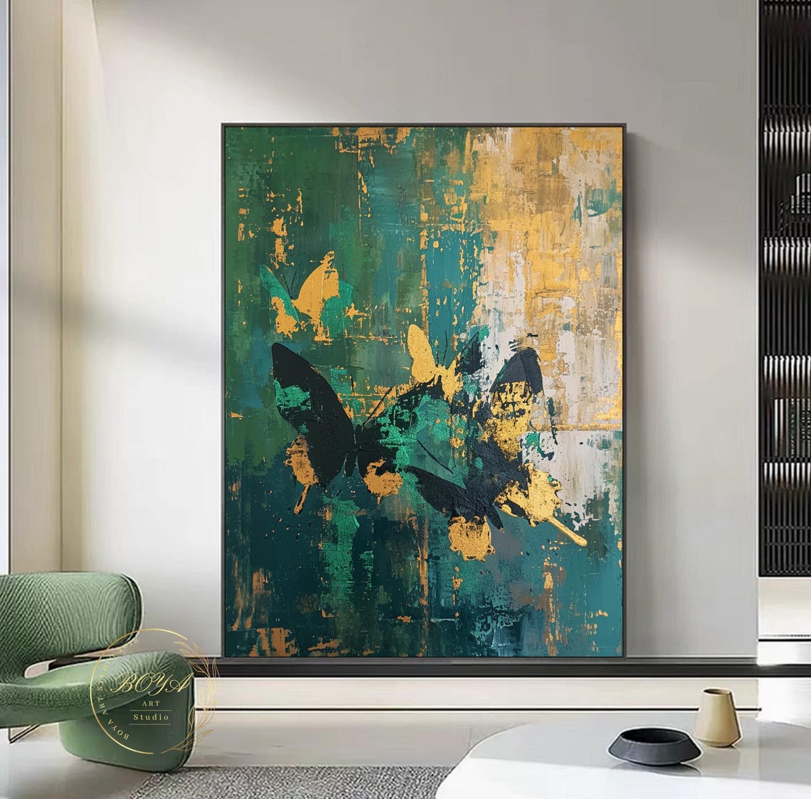 Large Green Wall Painting Butterfly Abstract Art Original Gold Textured Art Butterfly Wall Painting Green Art Modern Gold Painting