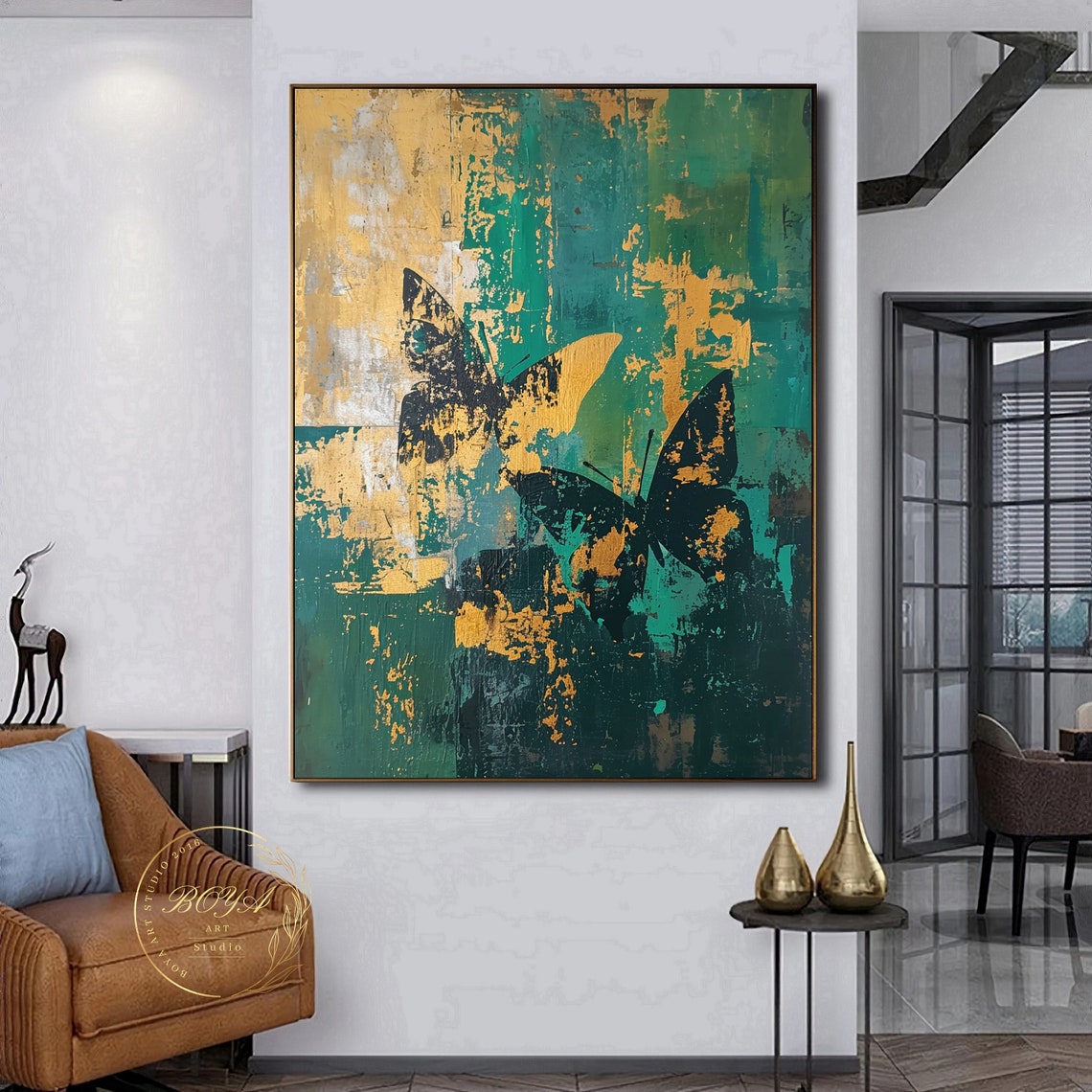 Black Butterflies on Green and Gold Textured Abstract Poster - Image 3