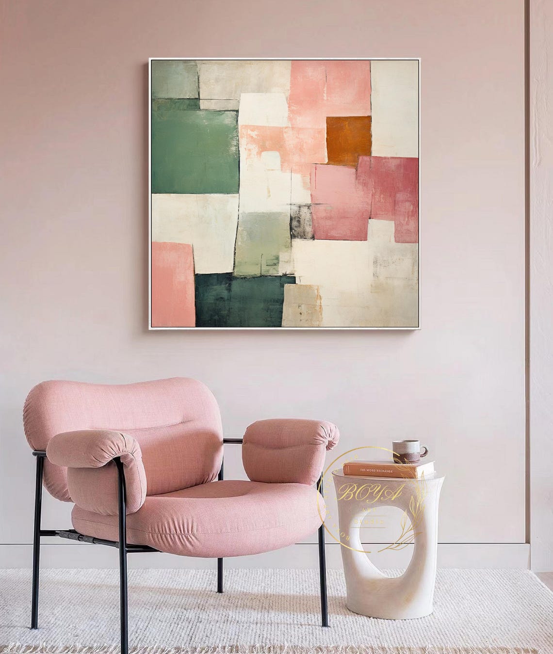 Pink Abstract Painting Large Beige Abstract Art Cream Wall Art Pink Textured Art Green Wall Painting Multicolor Painting Modern Wall Art - Image 4