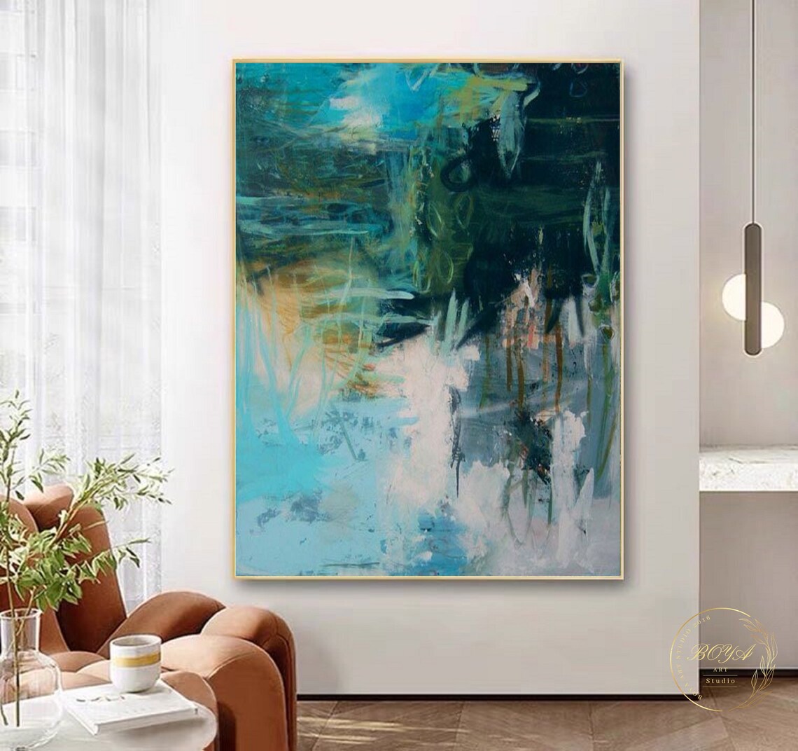 Leaf Abstract Painting, Modern Green Blue Art Print - Image 2