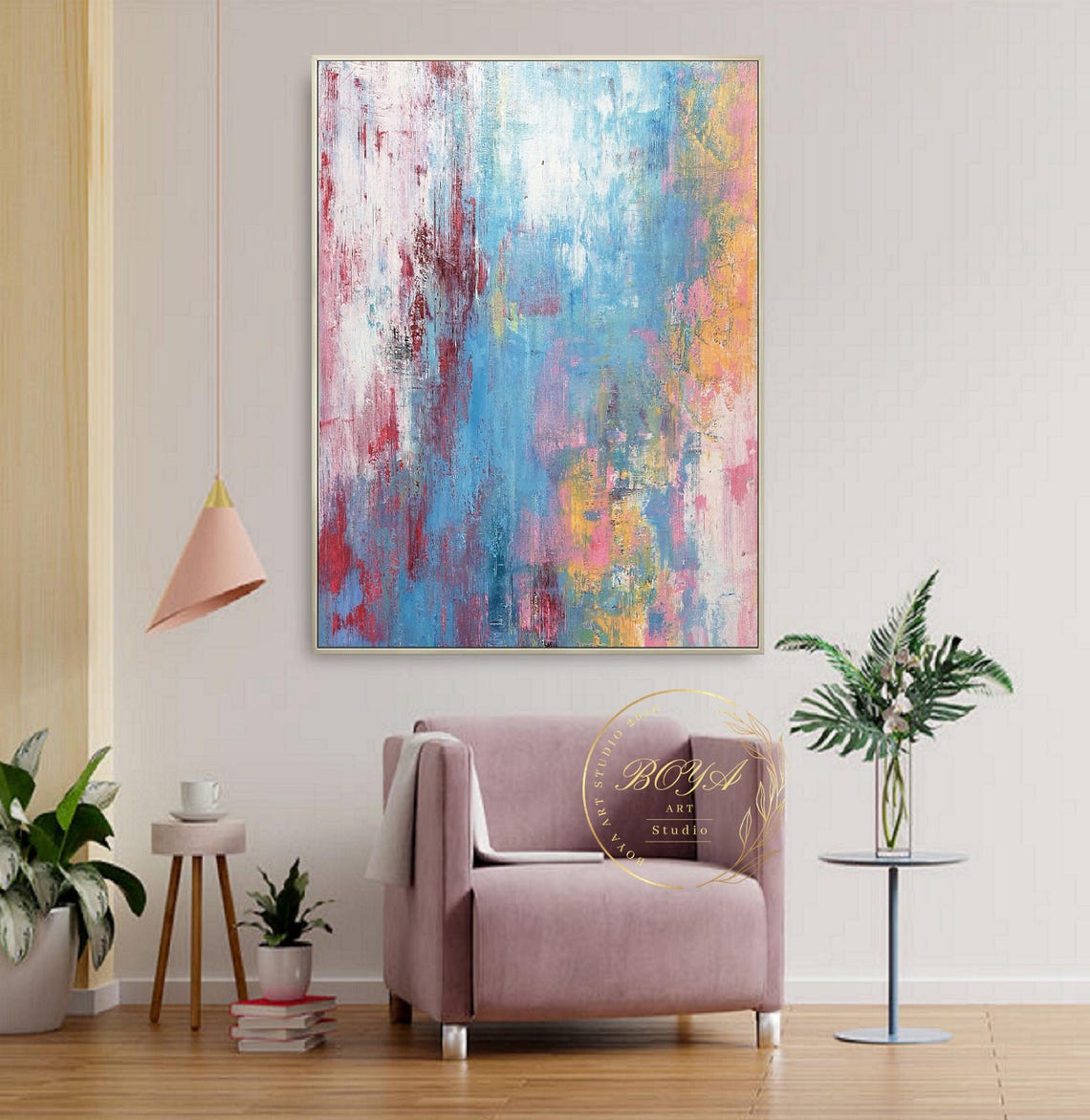 Light Blue Pink and Gold Loose Brushstroke Airy Abstract Poster - Image 3