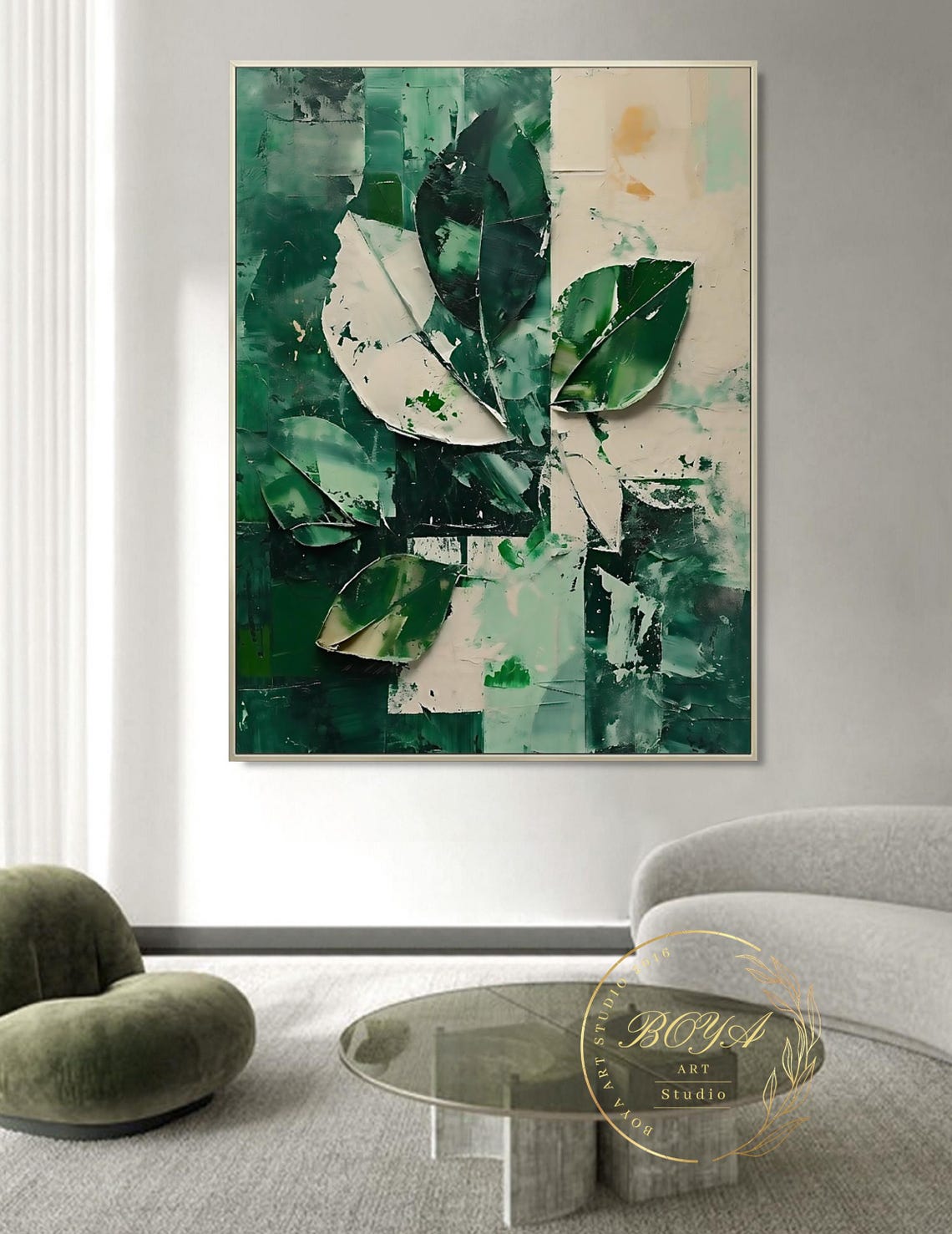 Green and White Textured Leaf Abstract 3D Impasto Artwork Poster - Image 2