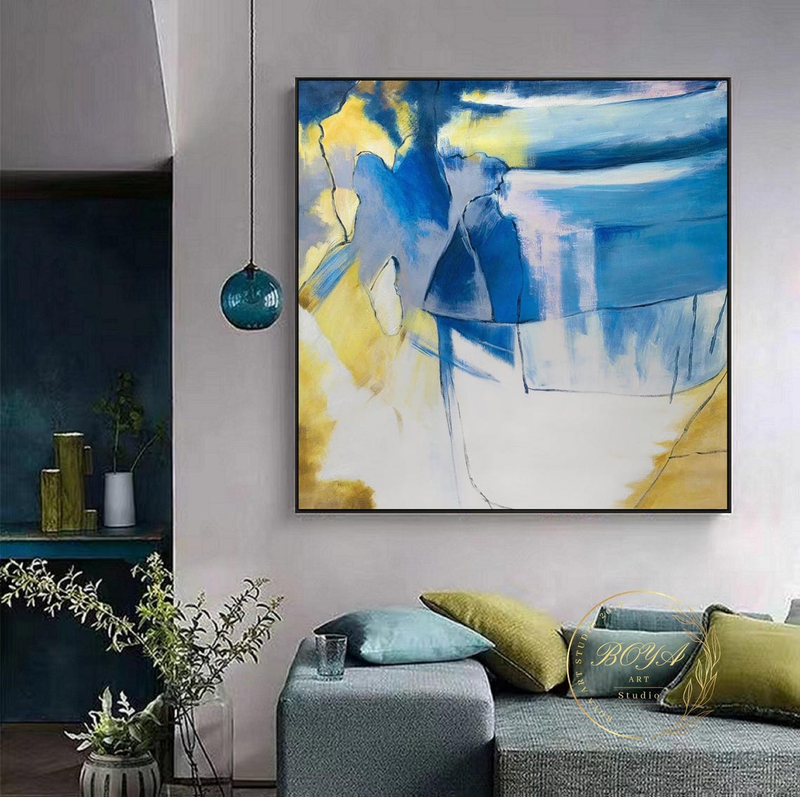 Blue Yellow White Flowing Water Waves Abstract Art Painting Poster - Image 3