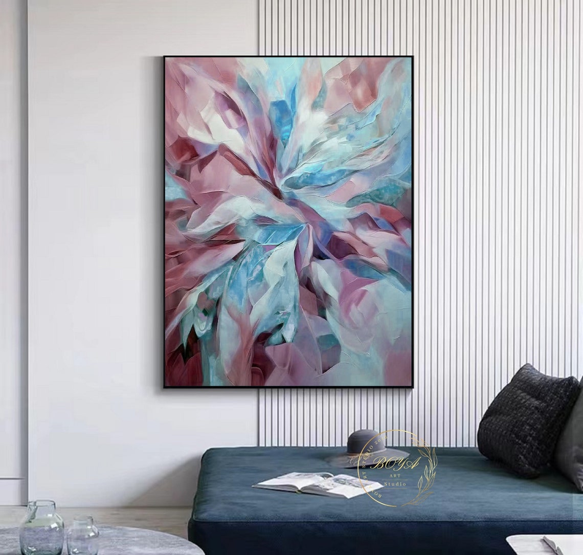 Pink and Blue Abstract Bloom Flower Textured Painting Art Poster - Image 3
