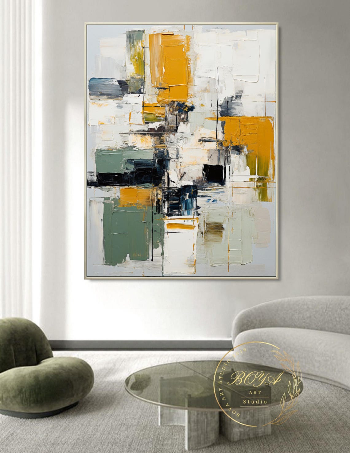 Mustard Sage Black Geometric Blocks Abstract Painting Art Poster - Image 2