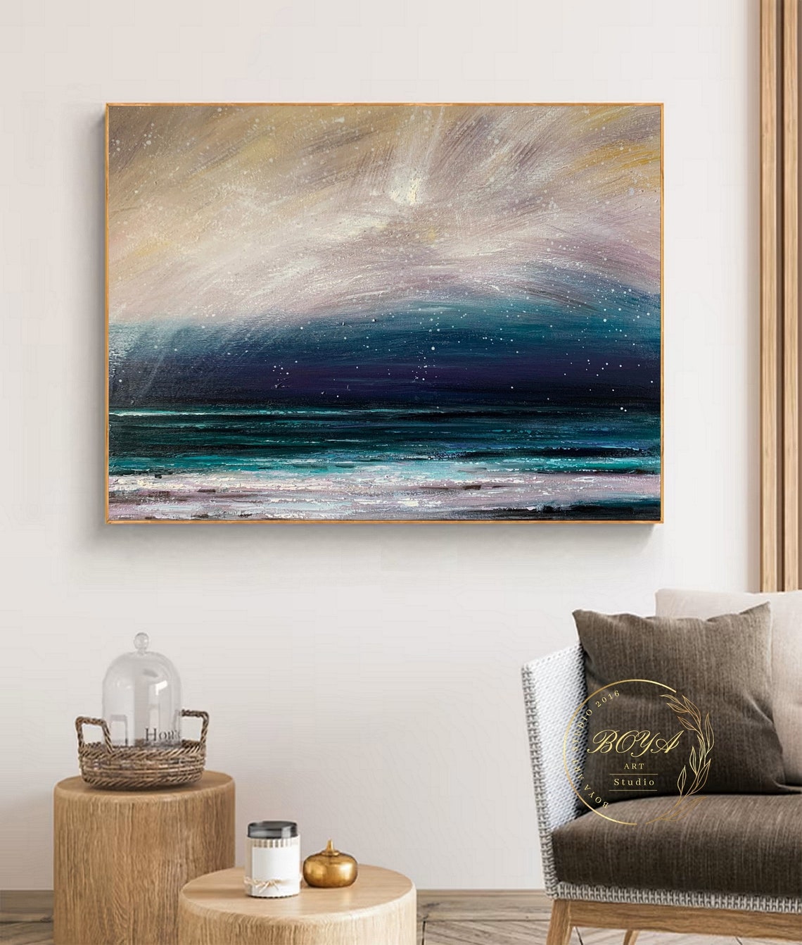 Starry Night Over the Ocean in Teal and Gold Abstract Poster - Image 5