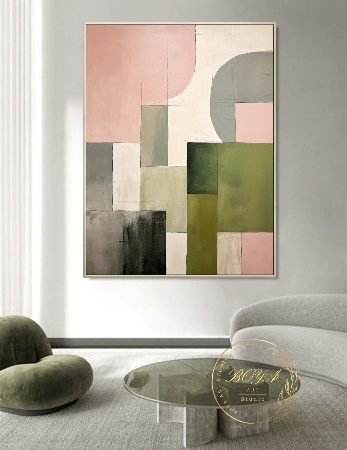 Blush Pink Arch with Sage Green Blocks Bauhaus Geometric Poster - Image 4