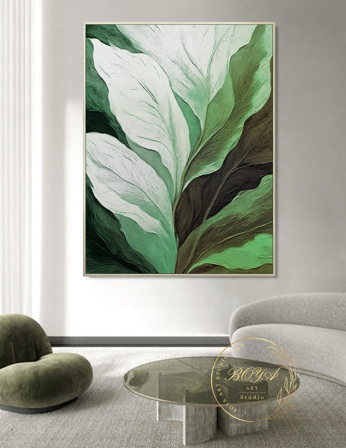 Dramatic Dark Green 3D Textured Relief Leaves Abstract Poster - Image 4