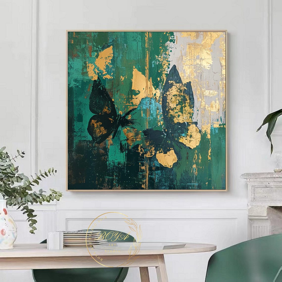 Black Gold Butterflies on Green Textured Abstract Art Poster - Image 4