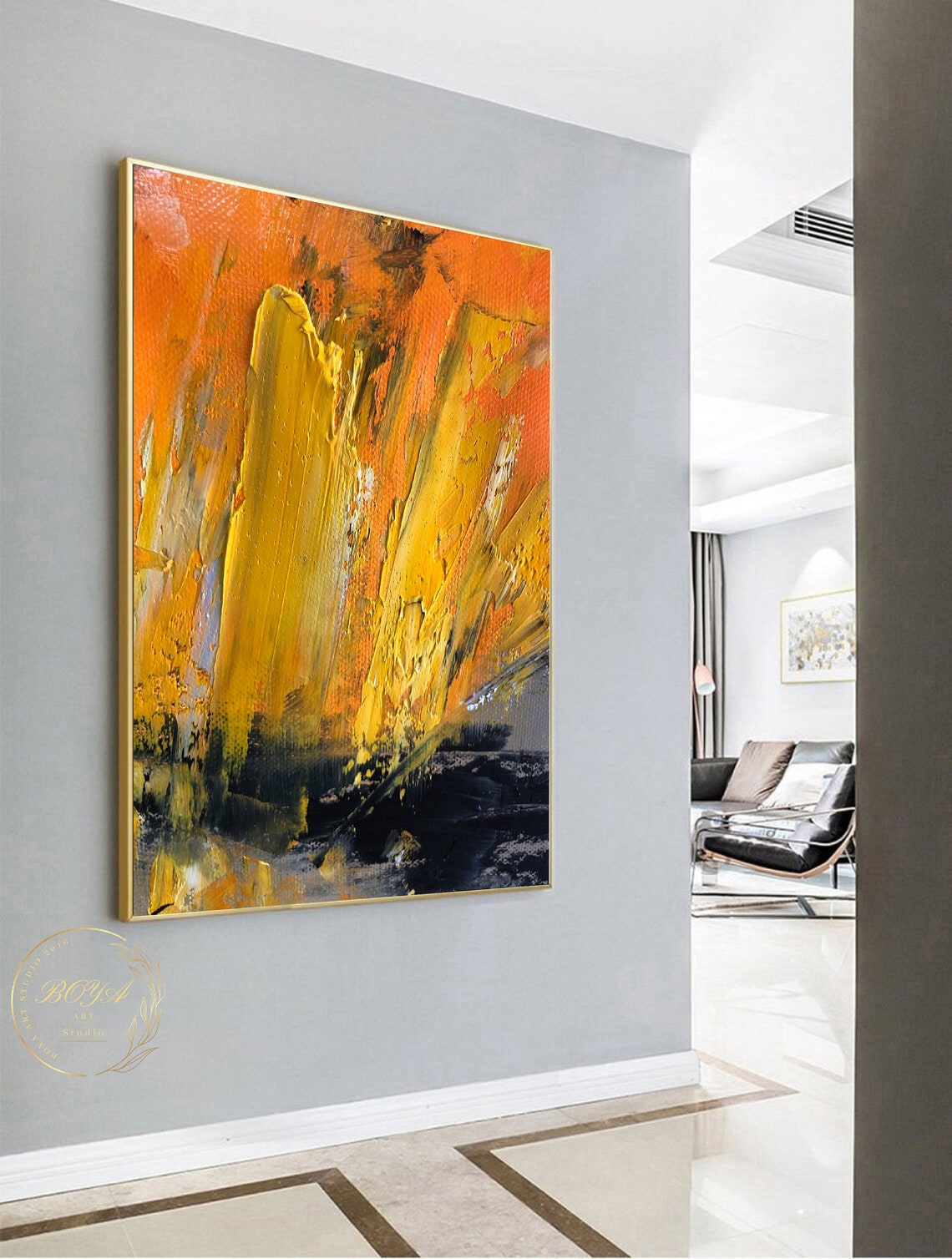 Fiery Orange Yellow Abstract with Black Impasto Textured Art Poster - Image 3