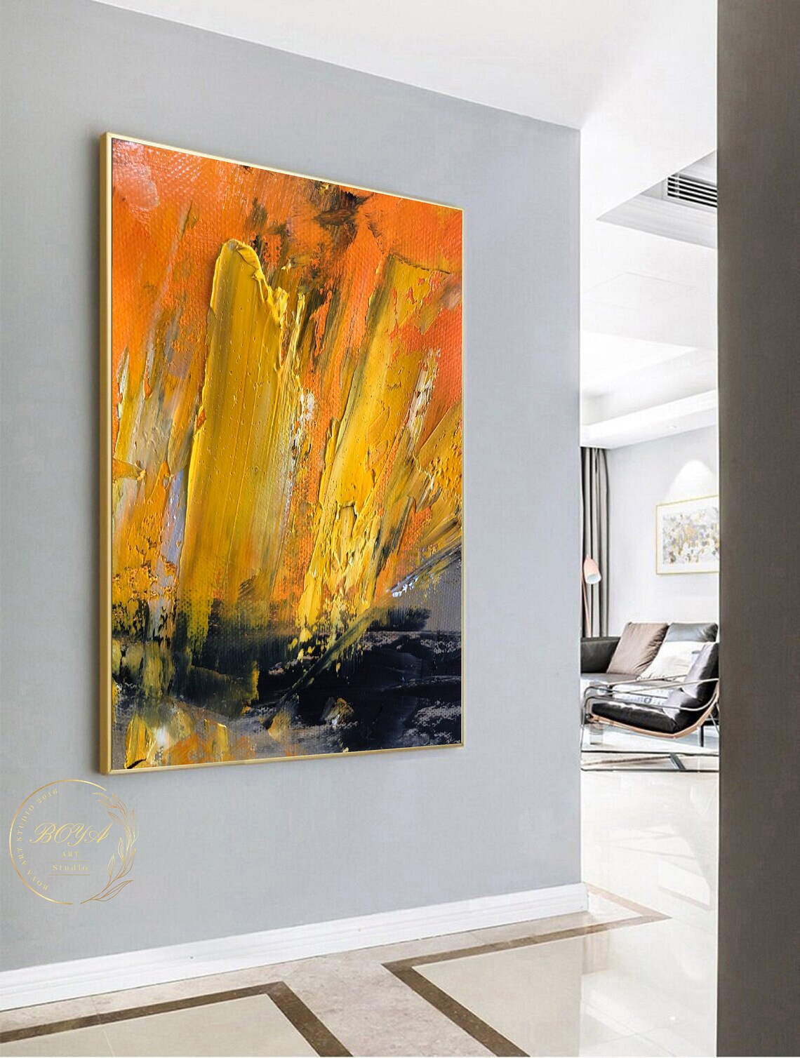 Large Orange Abstract Painting Original Yellow Textured Art Yellow Oil Painting Minimalist Wall Painting Yellow Art Modernwall Art - Image 3