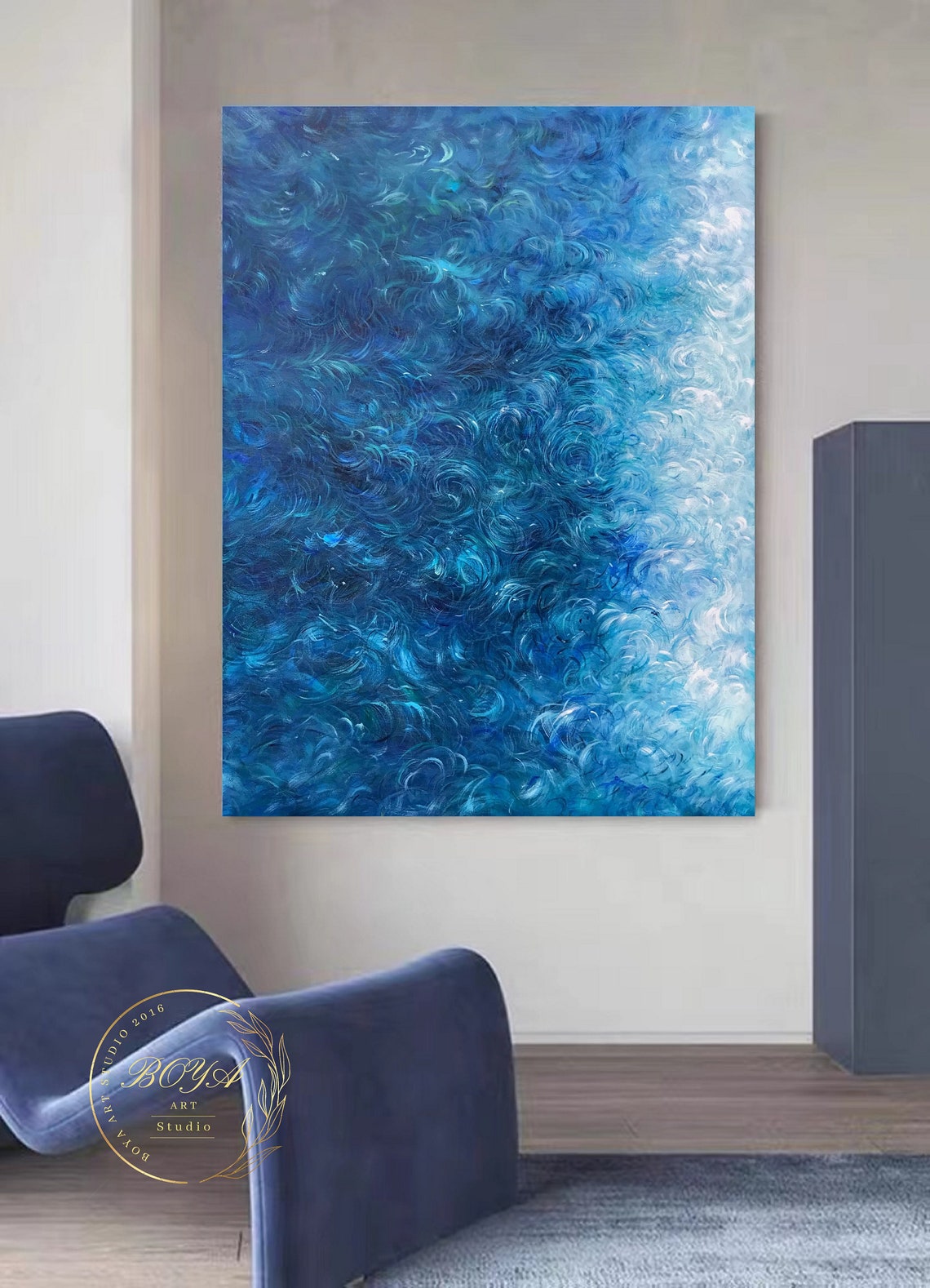 Deep Blue Swirling Ocean Wave Texture Abstract Painting Art Poster - Image 3