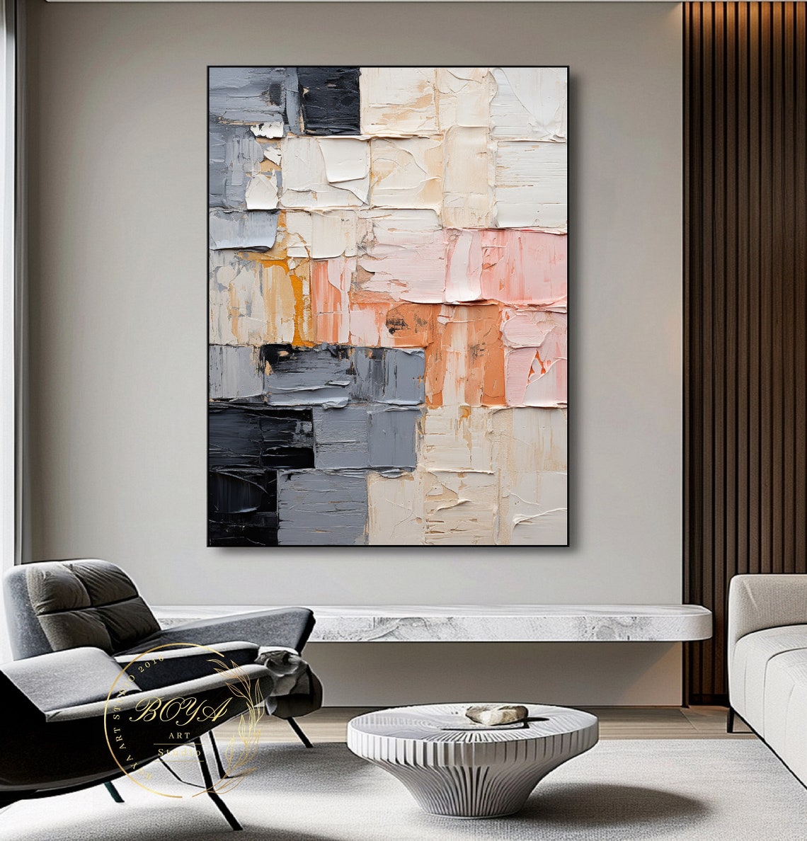 Gray Black Cream Pink Patchwork Textured Abstract Artwork Poster - Image 5