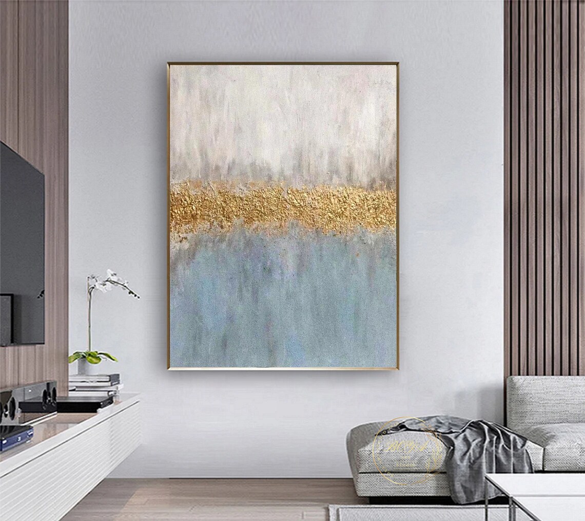 Blue Abstract Painting, Gold Textured Minimalist Art - Image 4