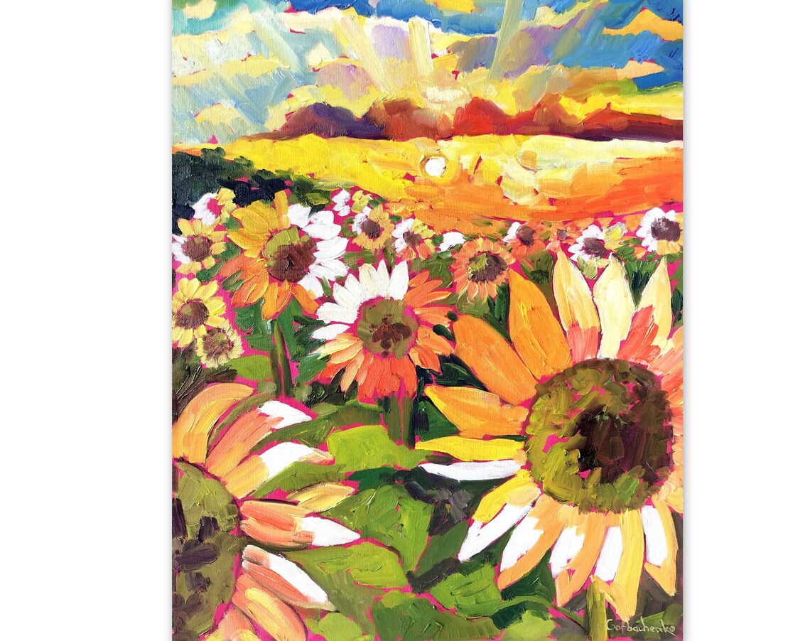 Sunflower Field Oil Painting with Vibrant Blooms and Sunset Poster