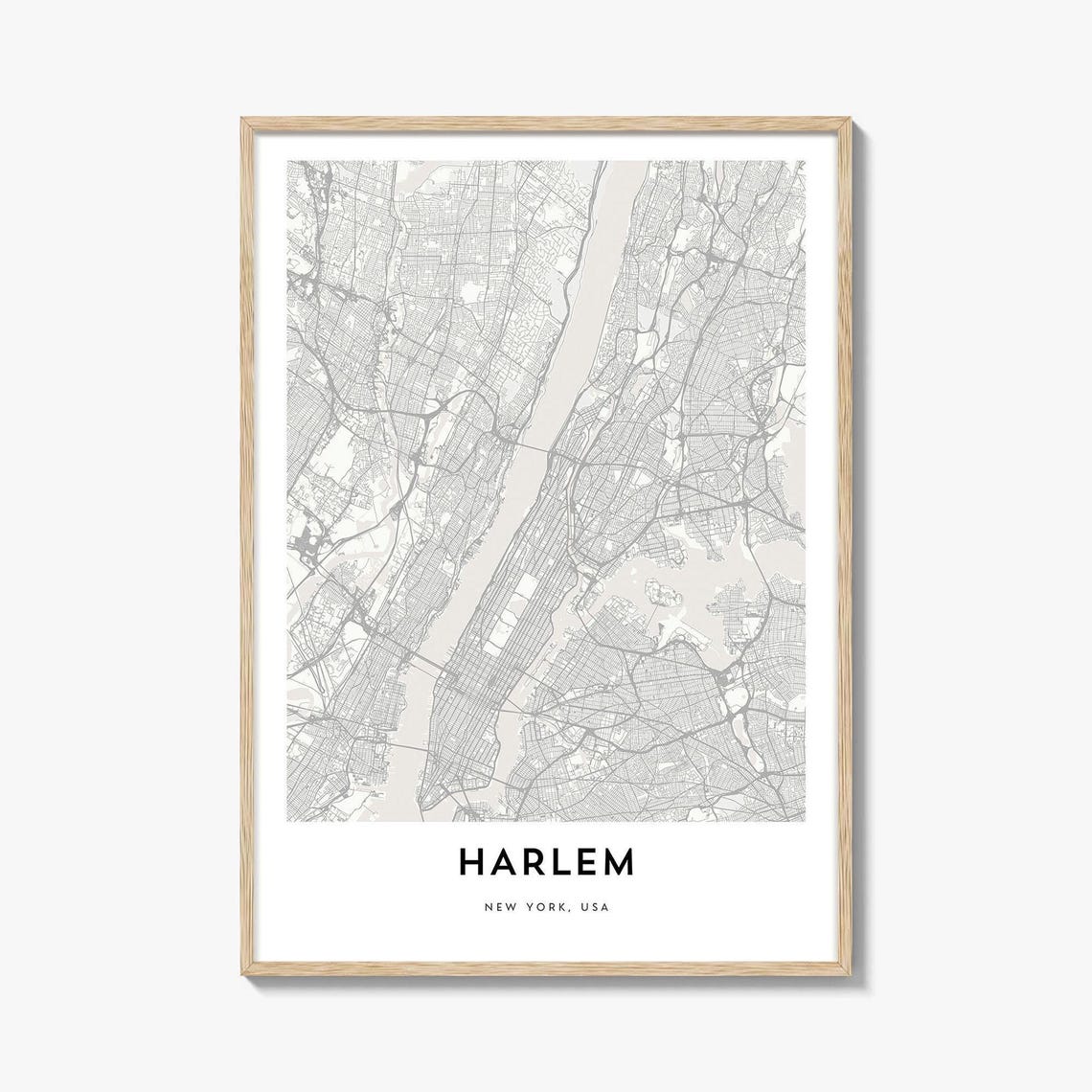 Harlem New York Minimalist City Map Black White Line Art Poster