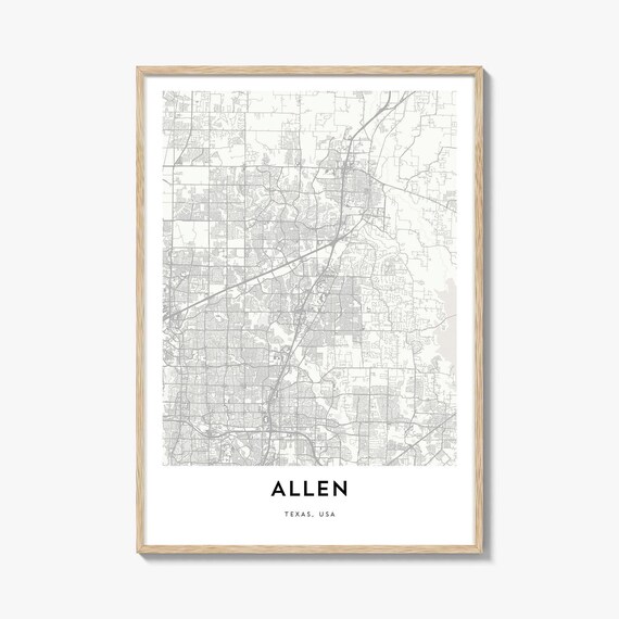 Allen Texas USA Minimalist White City Street Map Travel Poster