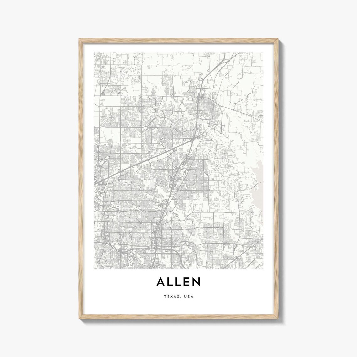 Allen Texas USA Minimalist White City Street Map Travel Poster