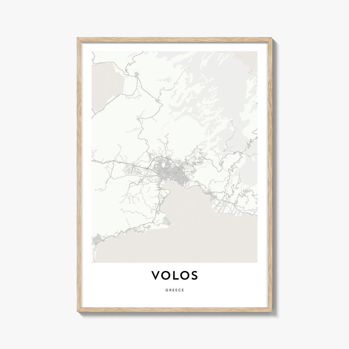 Volos Greece Minimalist Street Map Poster With Light Wood Frame