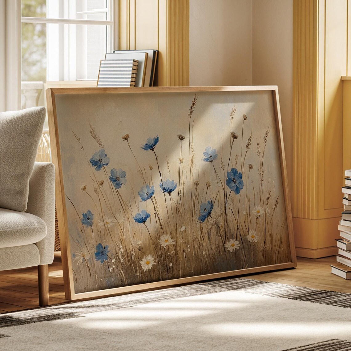 Blue Wildflowers In Golden Meadow Soft Beige Floral Wall Art